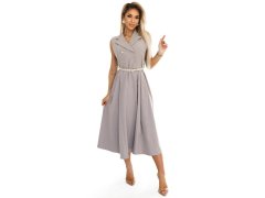 596-2 Elegantní midi košilka se zlatými knoflíky a&nbsp;páskem - GREY BEige 1