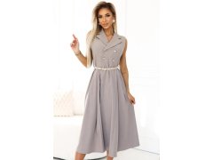 596-2 Elegantní midi košilka se zlatými knoflíky a&nbsp;páskem - GREY BEige 4