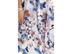 425-13 MATILDE Dámské šaty s&nbsp;výstřihem a&nbsp;krátkými rukávy - béžové a&nbsp;modré květy 7