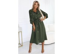 531-5 Midi košilka se zlatými knoflíky a&nbsp;vázáním - KHAKI 1
