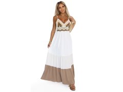 612-1 Dlouhé béžovo-bílé šaty bez ramínek s&nbsp;háčkovaným vrškem - boho 1