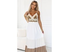612-1 Dlouhé béžovo-bílé šaty bez ramínek s&nbsp;háčkovaným vrškem - boho 5