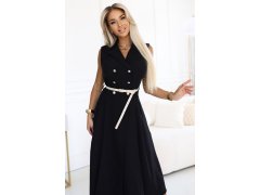596-3 Elegantní midi košilka se zlatými knoflíky a&nbsp;páskem - ČERNÁ 4