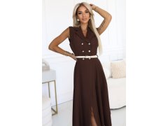 596-4 Elegantní midi košilka se zlatými knoflíky a&nbsp;páskem - CHOCOLATE 3