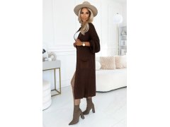 627-2 Cardigan - svetr dlouhý s kapsami - čokoládová barva 2