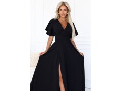 581-7 JENNIFER dlouhé šaty s&nbsp;rozparkem na nohou, rukávy a&nbsp;výstřihem - černé 4