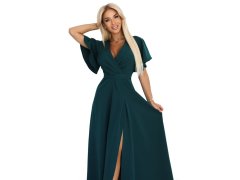 581-8 JENNIFER dlouhé šaty s&nbsp;rozparkem na nohou, rukávy a&nbsp;výstřihem - lahvově zelené 2