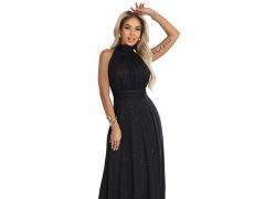 636-3 VERONICA luxusní dlouhé šaty s brokátovým akcentem a elegantním střihem - černé 2