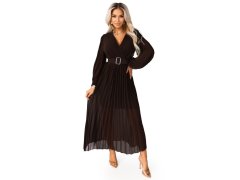 414-11 KLARA plisované elegantní midi šaty s páskem a výstřihem - čokoládové 1