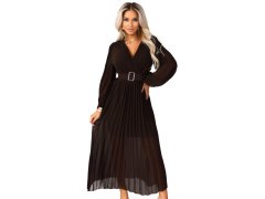 414-11 KLARA plisované elegantní midi šaty s páskem a výstřihem - čokoládové 2