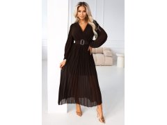 414-11 KLARA plisované elegantní midi šaty s páskem a výstřihem - čokoládové 3