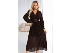 414-11 KLARA plisované elegantní midi šaty s páskem a výstřihem - čokoládové 4