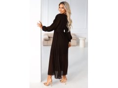 414-11 KLARA plisované elegantní midi šaty s páskem a výstřihem - čokoládové 5