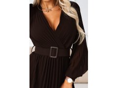 414-11 KLARA plisované elegantní midi šaty s páskem a výstřihem - čokoládové 7