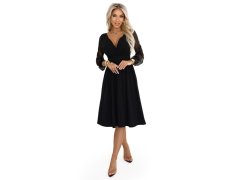 657-1 Elegantní midi šaty s&nbsp;obálkovým výstřihem a&nbsp;tylovými rukávy - černé 1