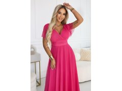 562-9 NASTIA Dlouhé šaty s výstřihem, kosticemi a krátkými rukávy - malinový sorbet 3