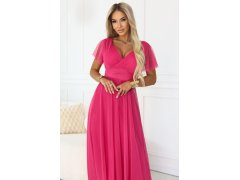 562-9 NASTIA Dlouhé šaty s výstřihem, kosticemi a krátkými rukávy - malinový sorbet 4