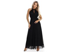 662-2 Elegantní maxi večerní šaty na ramínka s tylem a zavazováním v pase - černé 1