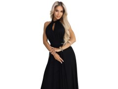 662-2 Elegantní maxi večerní šaty na ramínka s tylem a zavazováním v pase - černé 2