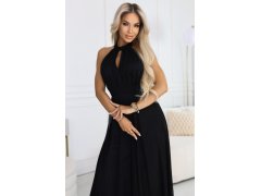 662-2 Elegantní maxi večerní šaty na ramínka s tylem a zavazováním v pase - černé 4