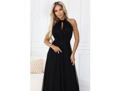 662-2 Elegantní maxi večerní šaty na ramínka s tylem a zavazováním v pase - černé 5