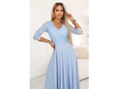 309-15 AMBER elegantní dlouhé krajkové šaty s výstřihem - modré 5