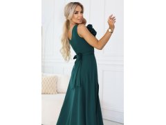 669-1 Romantické maxi šaty s květinou na rameni a rozparkem - lahvově zelené 8