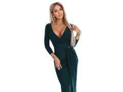 404-15 Elegantní dlouhé šaty s obálkovým výstřihem a rozparkem - lahvově zelené 2