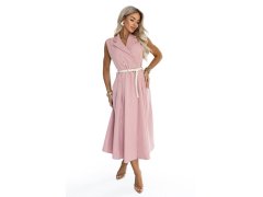 596-6 Elegantní midi košile se zlatými knoflíky a páskem – pudrově růžová 3