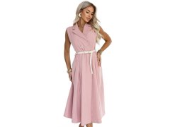 596-6 Elegantní midi košile se zlatými knoflíky a páskem – pudrově růžová 4