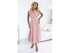 596-6 Elegantní midi košile se zlatými knoflíky a páskem – pudrově růžová 5