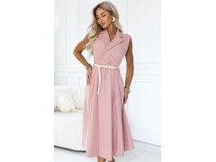 596-6 Elegantní midi košile se zlatými knoflíky a páskem – pudrově růžová 6