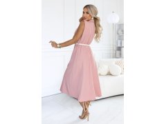 596-6 Elegantní midi košile se zlatými knoflíky a páskem – pudrově růžová 7
