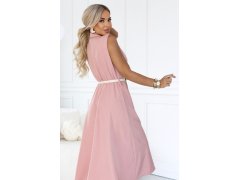 596-6 Elegantní midi košile se zlatými knoflíky a páskem – pudrově růžová 8