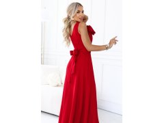 669-4 Romantické maxi šaty s&nbsp;květinou na rameni a&nbsp;rozparkem – červené 8