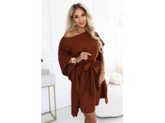 287-45 SOFIA Dámské šaty typu „motýl“ s vázáním v pase – skořicově hnědé 8