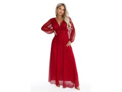 684-1 NERISSA – elegantní tylová maxi šaty s výstřihem do V – světle vínová 1