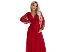 684-1 NERISSA – elegantní tylová maxi šaty s výstřihem do V – světle vínová 2