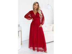 684-1 NERISSA – elegantní tylová maxi šaty s výstřihem do V – světle vínová 4