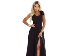 643-10 Elegantní večerní maxi šaty s rozparkem a růžemi – čokoládově hnědé 2