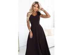 643-10 Elegantní večerní maxi šaty s rozparkem a růžemi – čokoládově hnědé 6