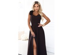 643-10 Elegantní večerní maxi šaty s rozparkem a růžemi – čokoládově hnědé 7