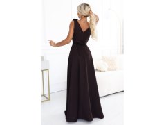 643-10 Elegantní večerní maxi šaty s rozparkem a růžemi – čokoládově hnědé 8