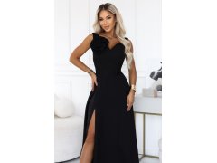 669-6 Romantické maxi šaty s květinou na rameni a rozparkem – klasická černá 8