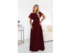 694-3 MIRELLA Elegantní maxi šaty s rozšiřujícími se sukněmi a flitrovými rukávy – vínová 3