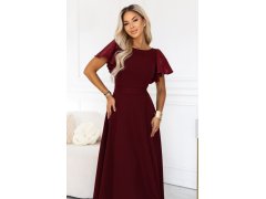 694-3 MIRELLA Elegantní maxi šaty s rozšiřujícími se sukněmi a flitrovými rukávy – vínová 7