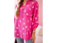 Lněná dámská halenka s&nbsp;květinovým vzorem, dlouhými rukávy a&nbsp;knoflíky Růžová 2