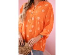 Lněná dámská halenka s&nbsp;květinovým vzorem, dlouhými rukávy a&nbsp;knoflíky Oranžová 2