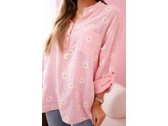 Lněná dámská halenka s&nbsp;květinovým vzorem, dlouhými rukávy a&nbsp;knoflíky Cukrová růžová 2