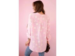 Lněná dámská halenka s&nbsp;květinovým vzorem, dlouhými rukávy a&nbsp;knoflíky Cukrová růžová 3